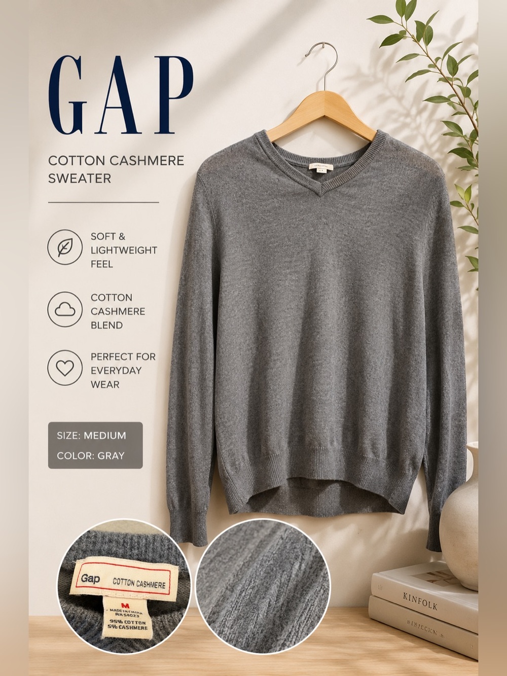 GAP Men's V-Neck Bluish Gray Sweater Cotton Cashmere